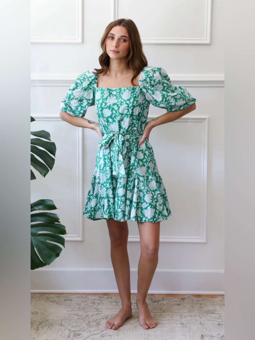 Green Floral Puff-Sleeve Kids Dress with Tie Waist